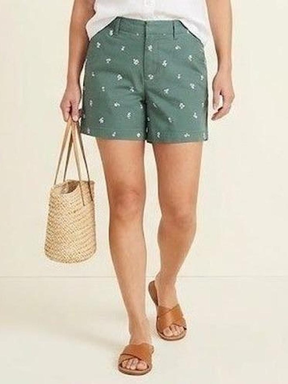 Lands' End Green Embroidered Cotton Bermuda Shorts 6.5in Inseam Missing Button